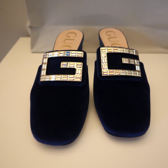 Gucci Madelyn Mules Crystal Logo Velvet Cobalt Blue Size 38 8 - Picture 5 of 12